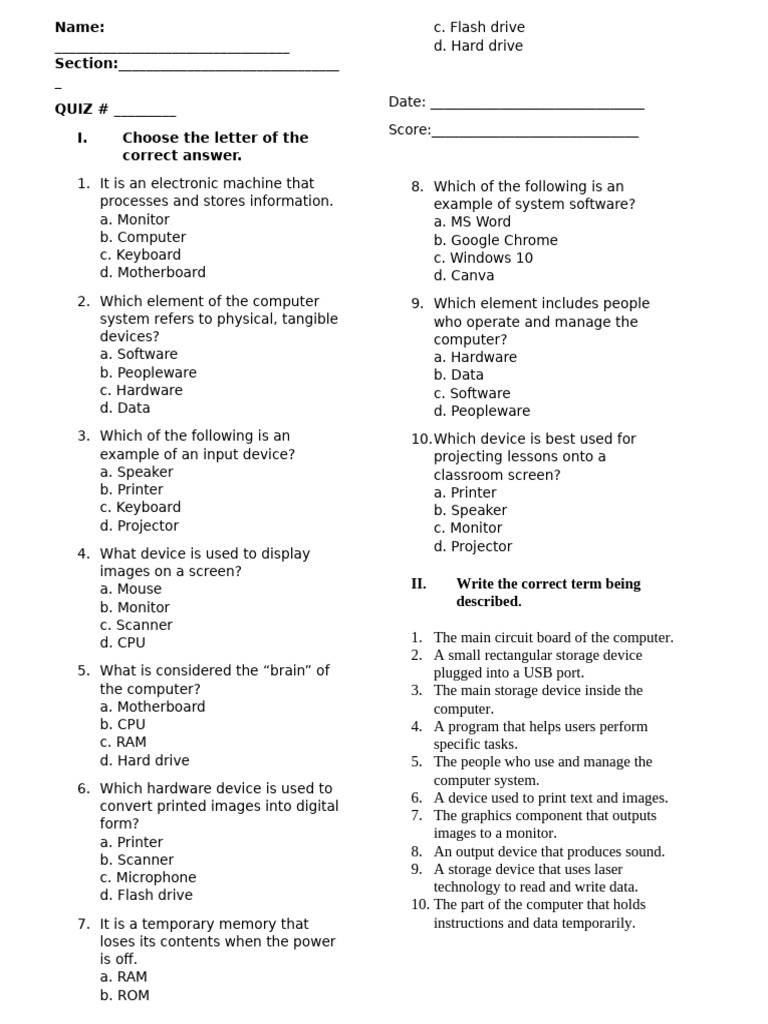 Quiz #2 Elements of Computer System | PDF | Peripheral | Computer Hardware