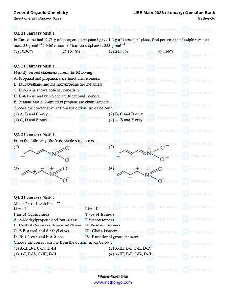 General Organic Chemistry - JEE Main 2026 (Jan) - MathonGo | PDF ...