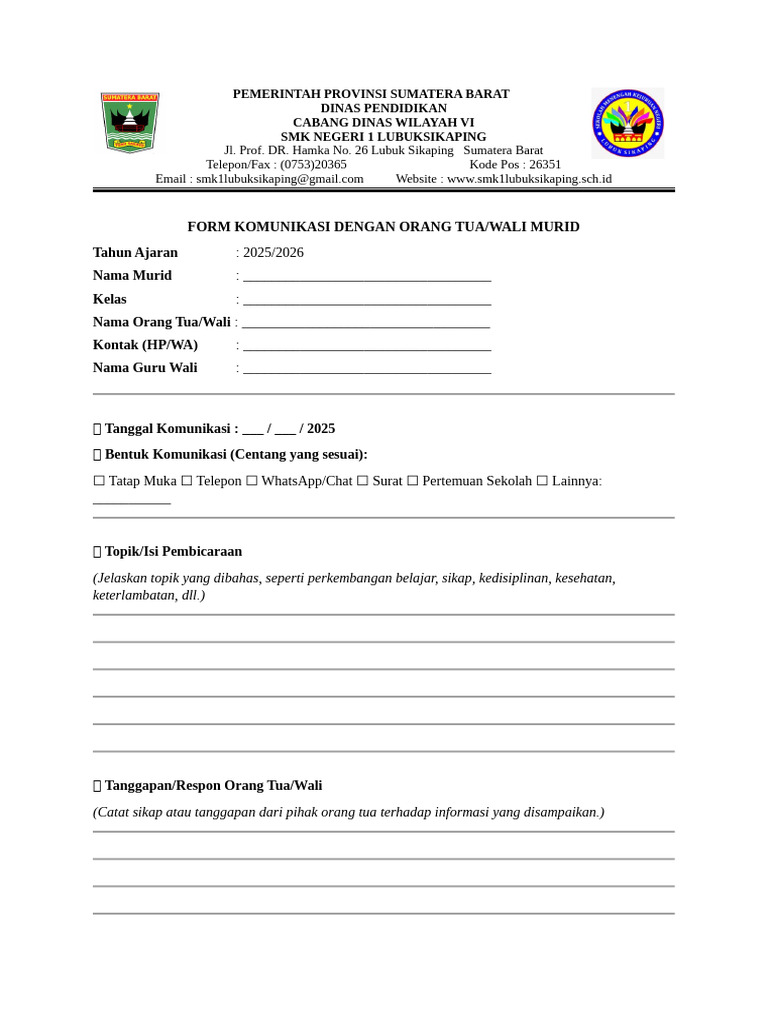 Form Komunikasi Dengan Orangtua - Wali Murid | PDF