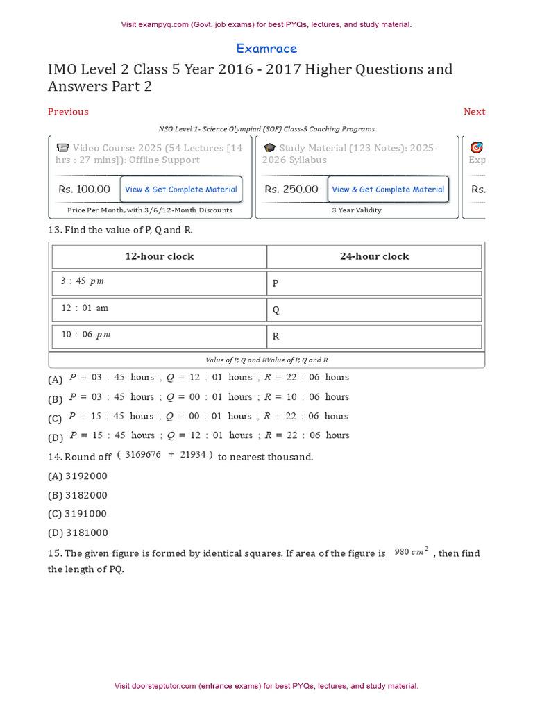 IMO Level 2 Class 5 Year 2016 2017 Part 2 | PDF | Mathematics
