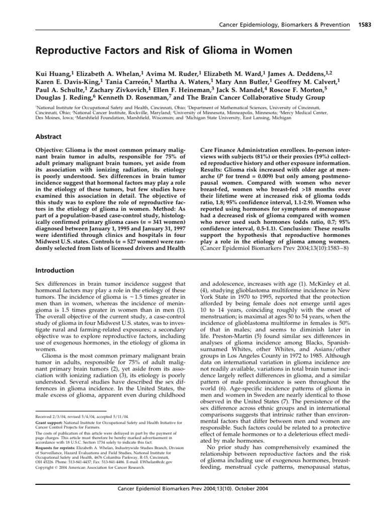 Reproductive Factors and Risk of Glioma in Women | PDF | Menopause ...