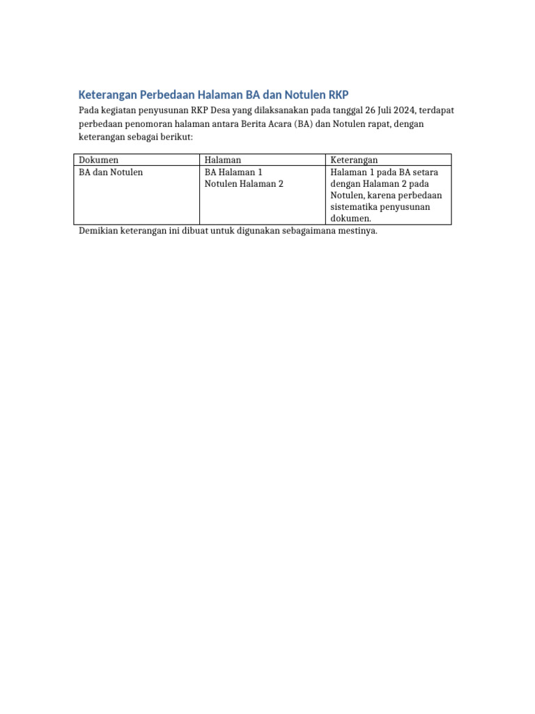 Keterangan BA Notulen RKP 26 Juli 2024 | PDF