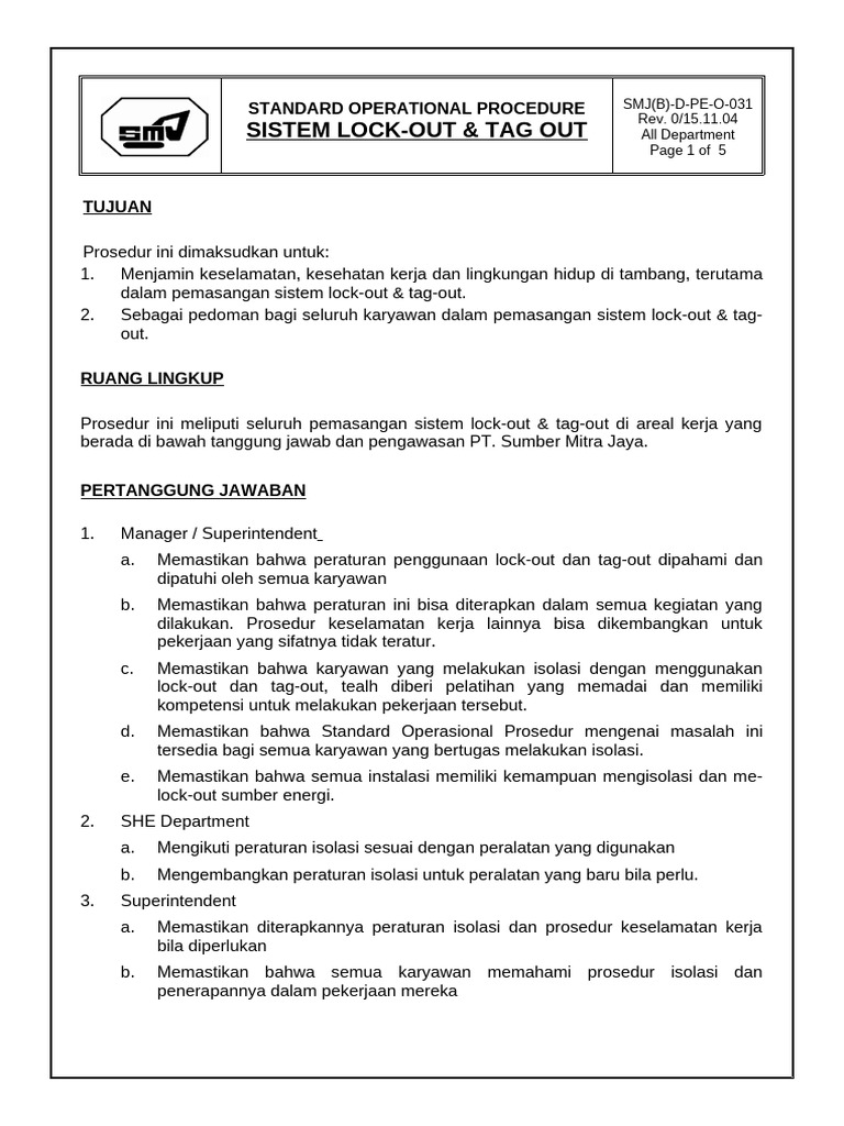 SOP - 031 Lock-Out & Danger Tag | PDF
