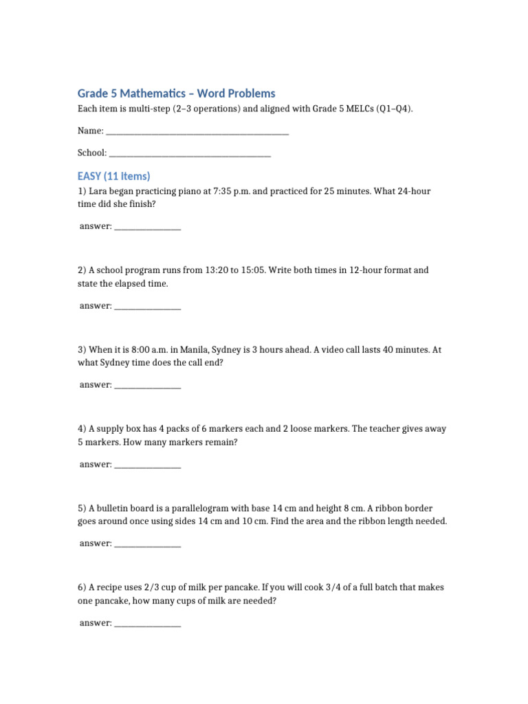Grade 5 Math Word Problems STUDENT VERSION With Requested Answer Line | PDF