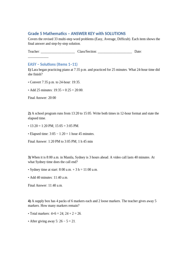 Grade 5 Math Answer Key With Solutions | PDF