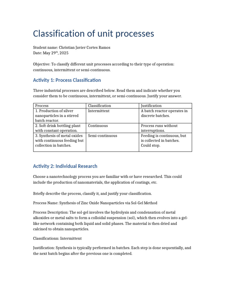 Work Sheet Unit Processes | PDF