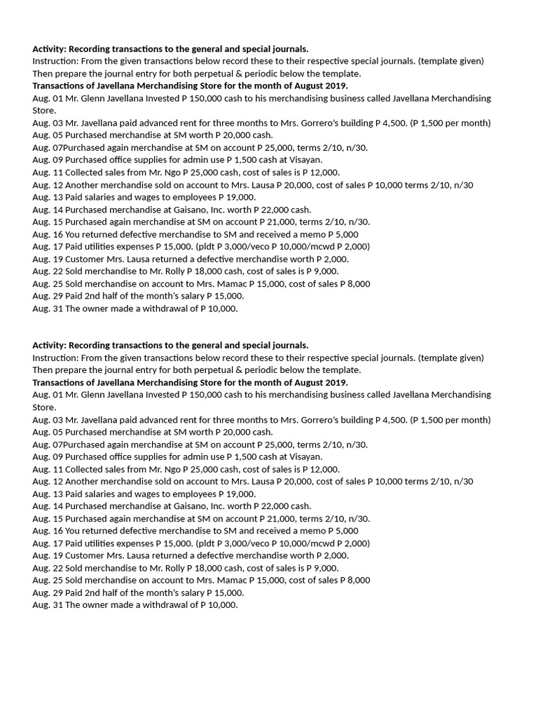 Activity - Merchandising Journal Entries | PDF | Business | Economies