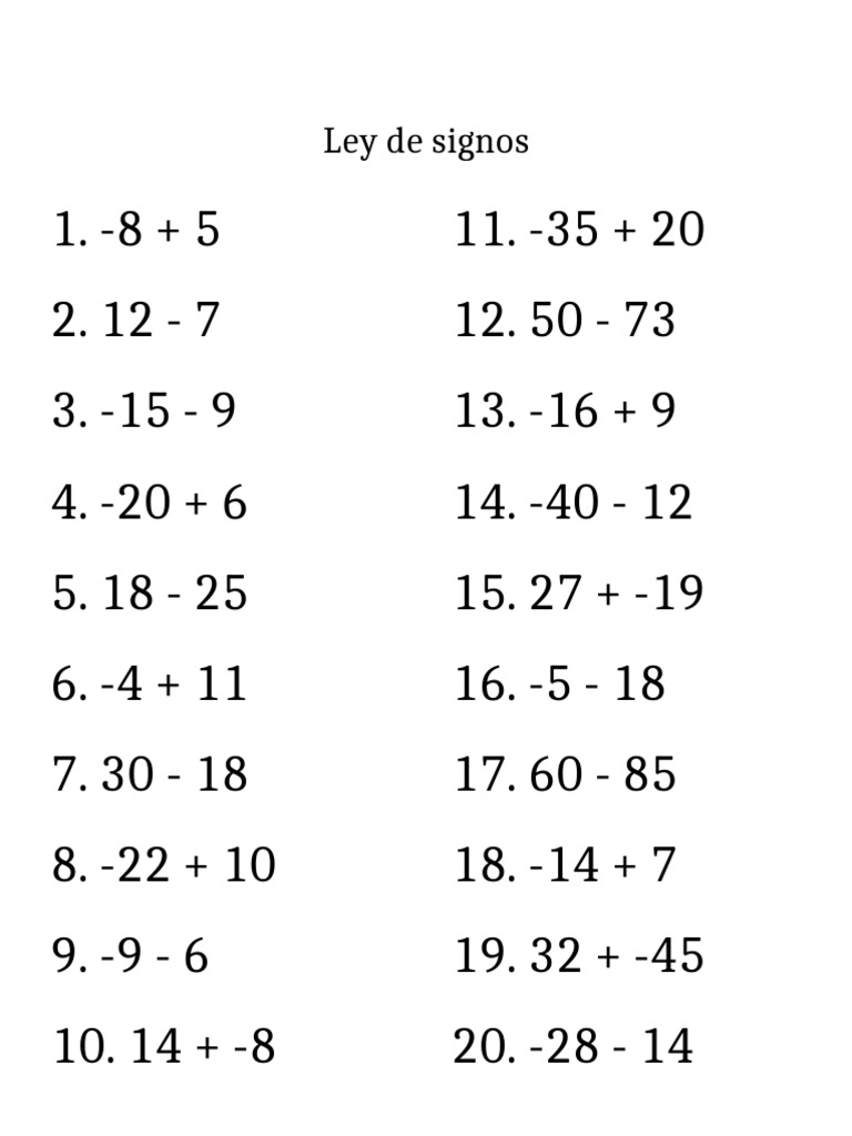 Ley de Los Signos 125 Ejercicios SIMPLE | PDF