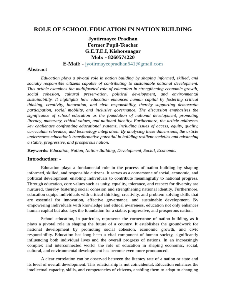 Article On Role of School Education in Nation Building | PDF ...
