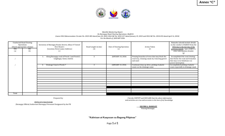Annex C Barangay BaRCO Monthly Monitoring Report Template With PBs ...