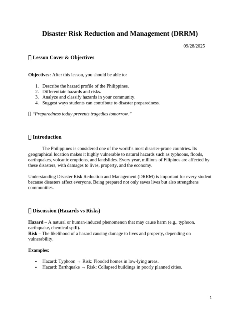 Disaster Risk Reduction and Management 1 | PDF | Hazards | Natural ...