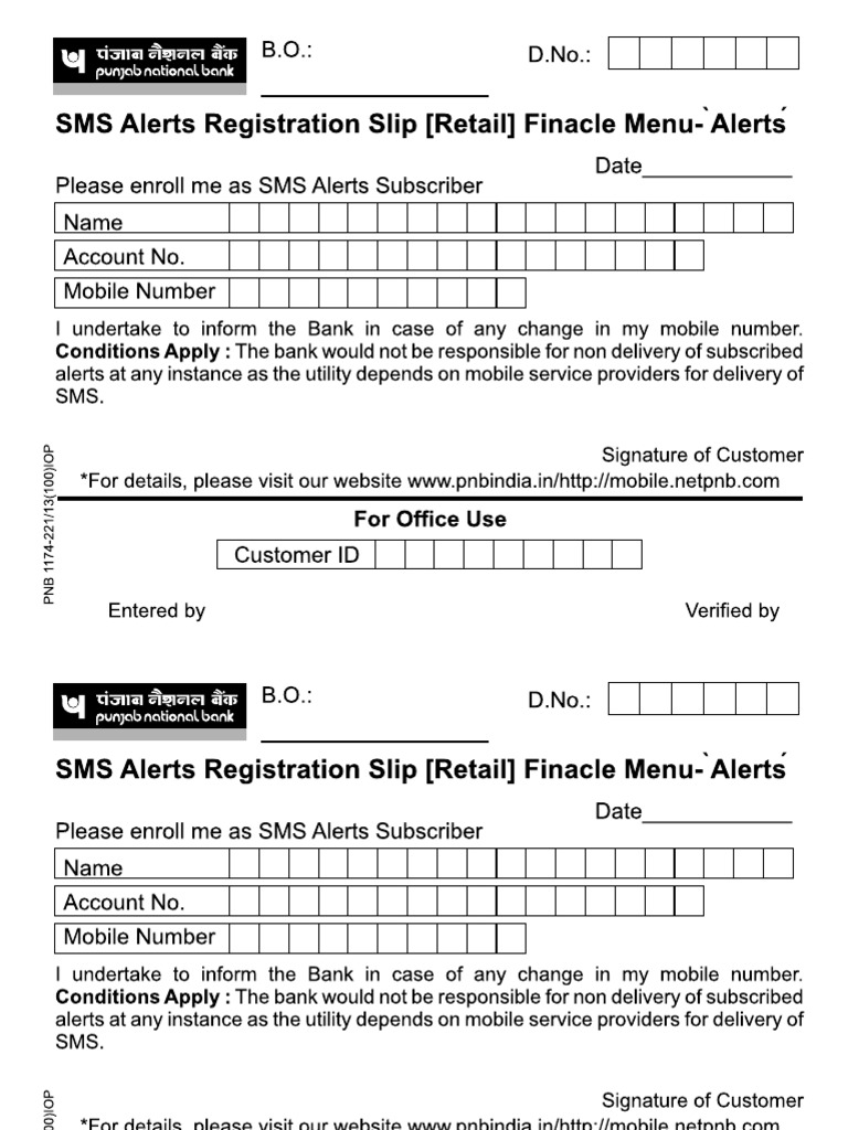 PNB 1174 - SMS Alerts Registration Slip | PDF