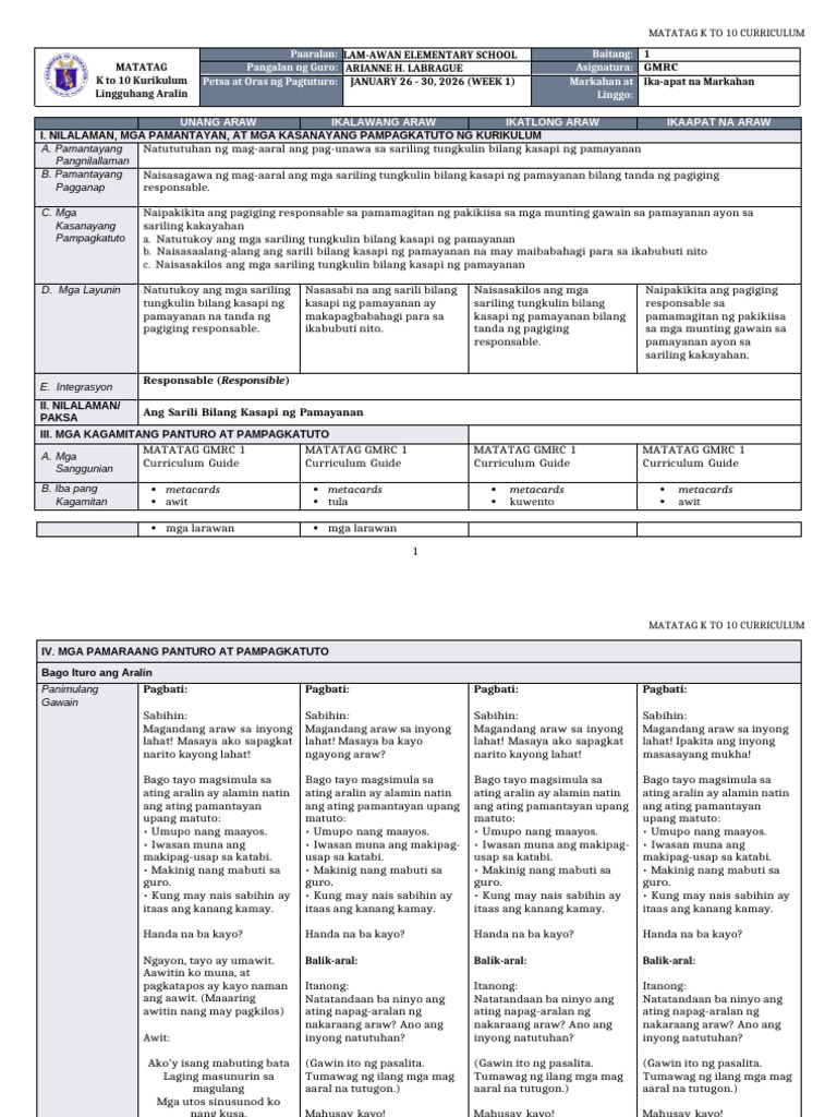DTC DLL Matatag GMRC 1 q4 w1 | PDF