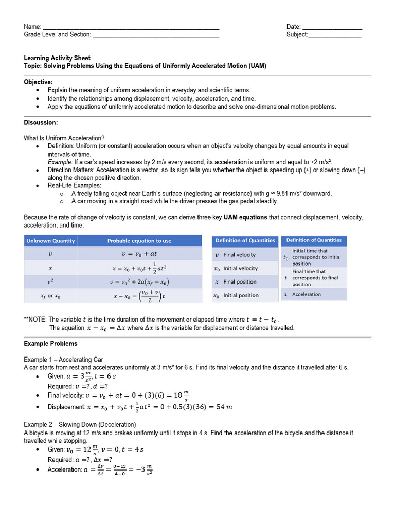 Q2 Wk2 LAS 2 Uniformly Accelerated Motion | PDF | Acceleration | Velocity