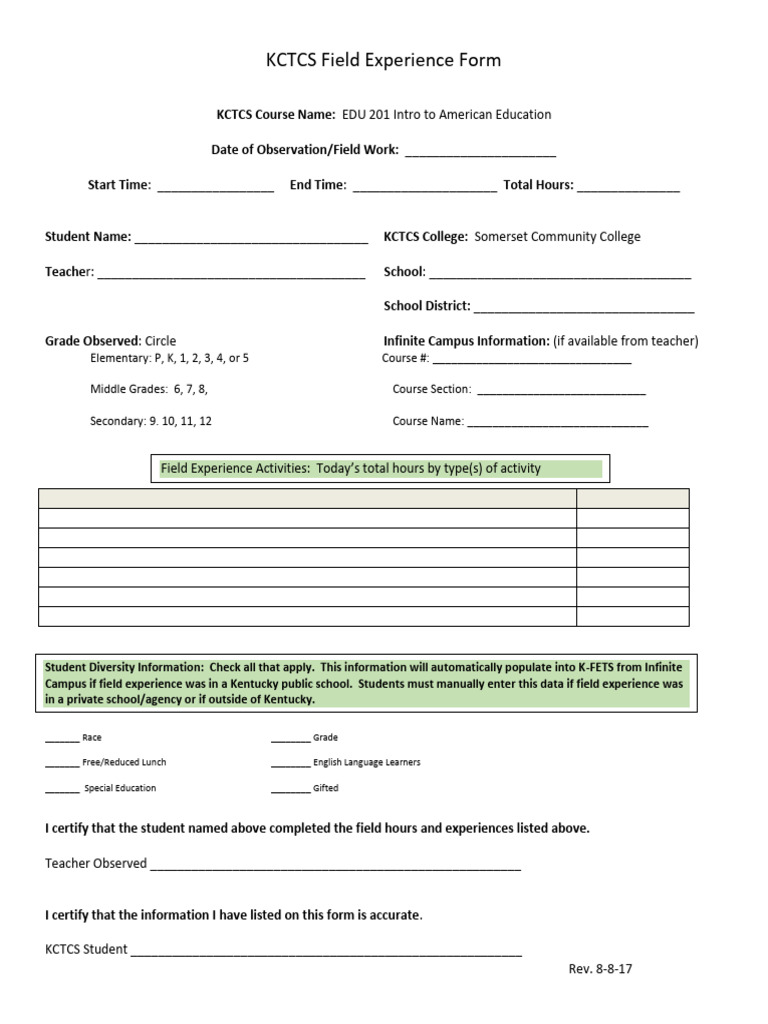 KCTCS Field Experience Form EDU 201 - SCC | PDF | Schools | Teachers