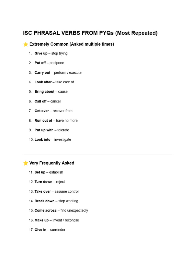 Isc Phrasal Verbs From Pyqs (Most Repeated) | PDF