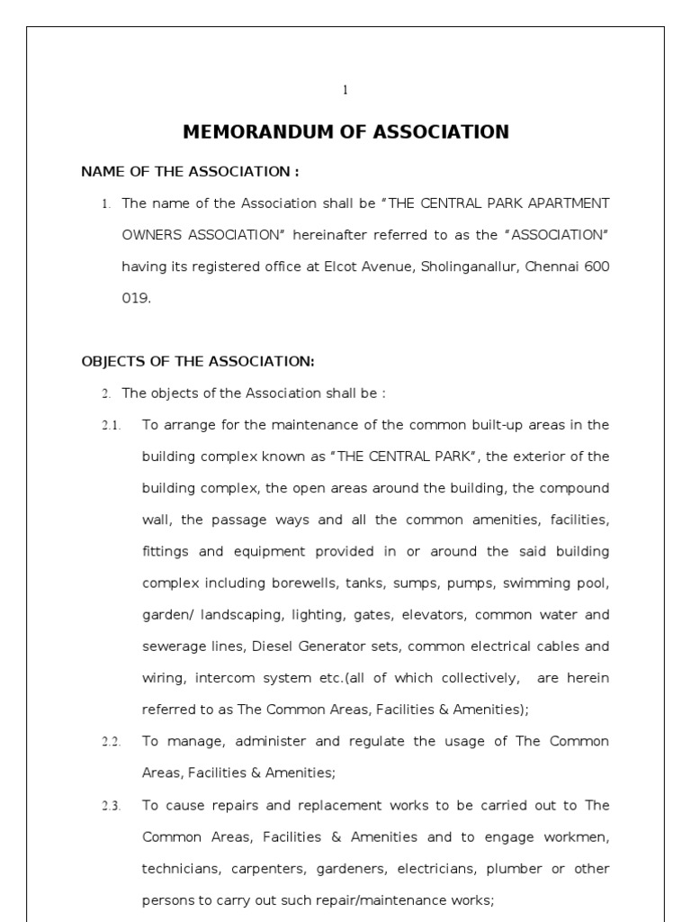 The Central Park Apartment Owners Association Memorandum of