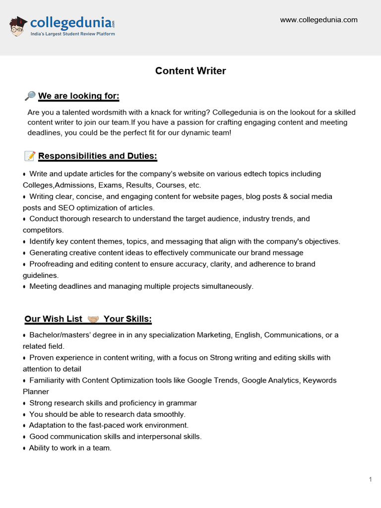 Content Writer - Job Description | PDF | Search Engine Optimization ...