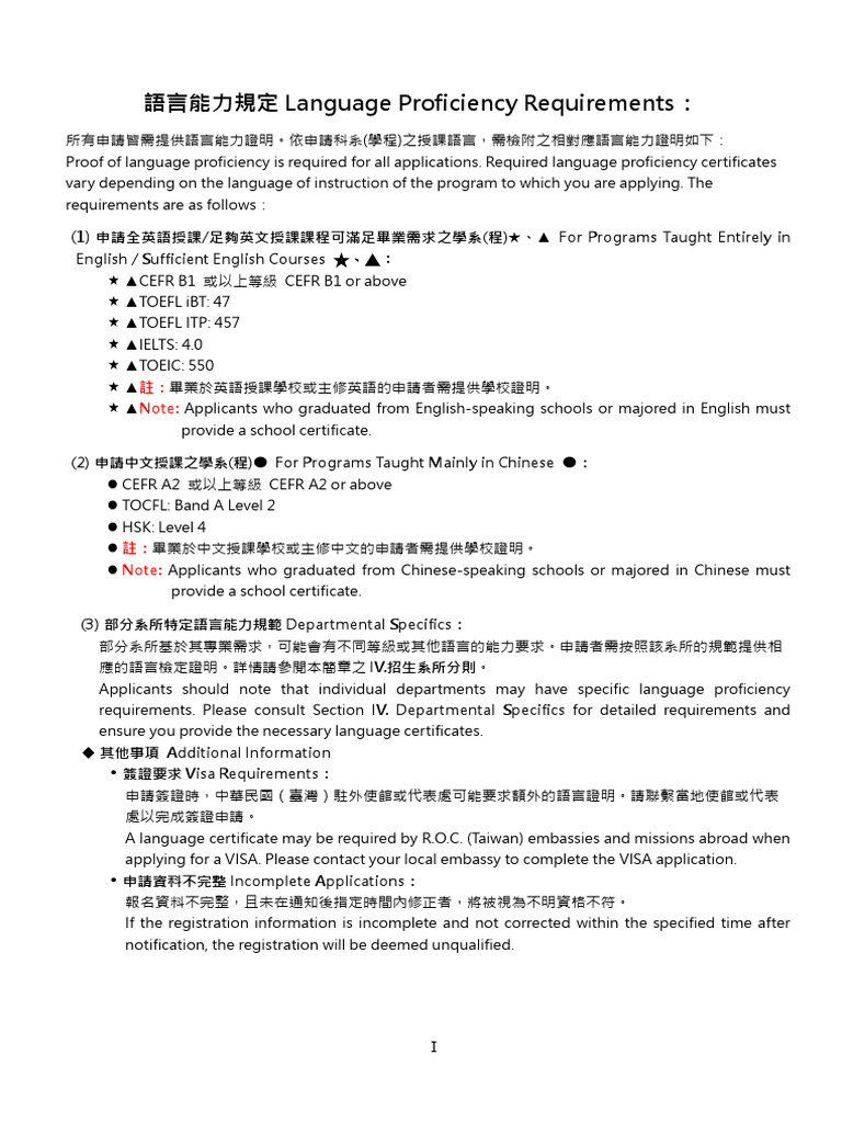 Language Proficiency Requirements: / For Programs Taught Entirely in ...