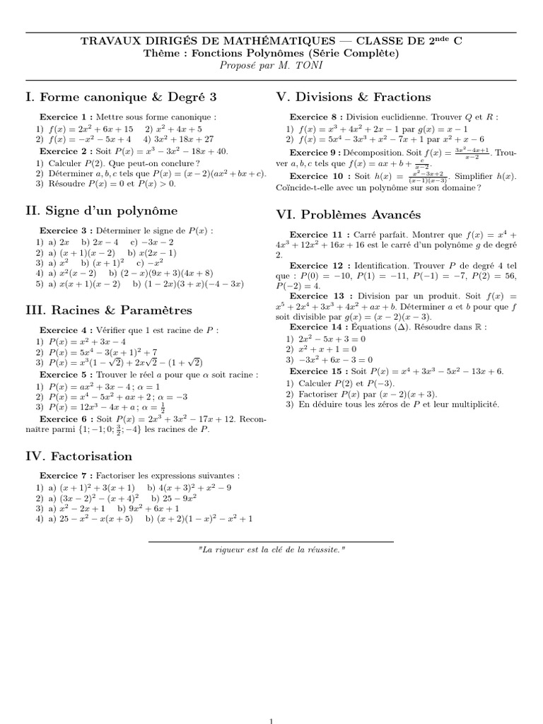 Travaux de Dirigés de Mathématiques 2nde C Polynômes | PDF ...