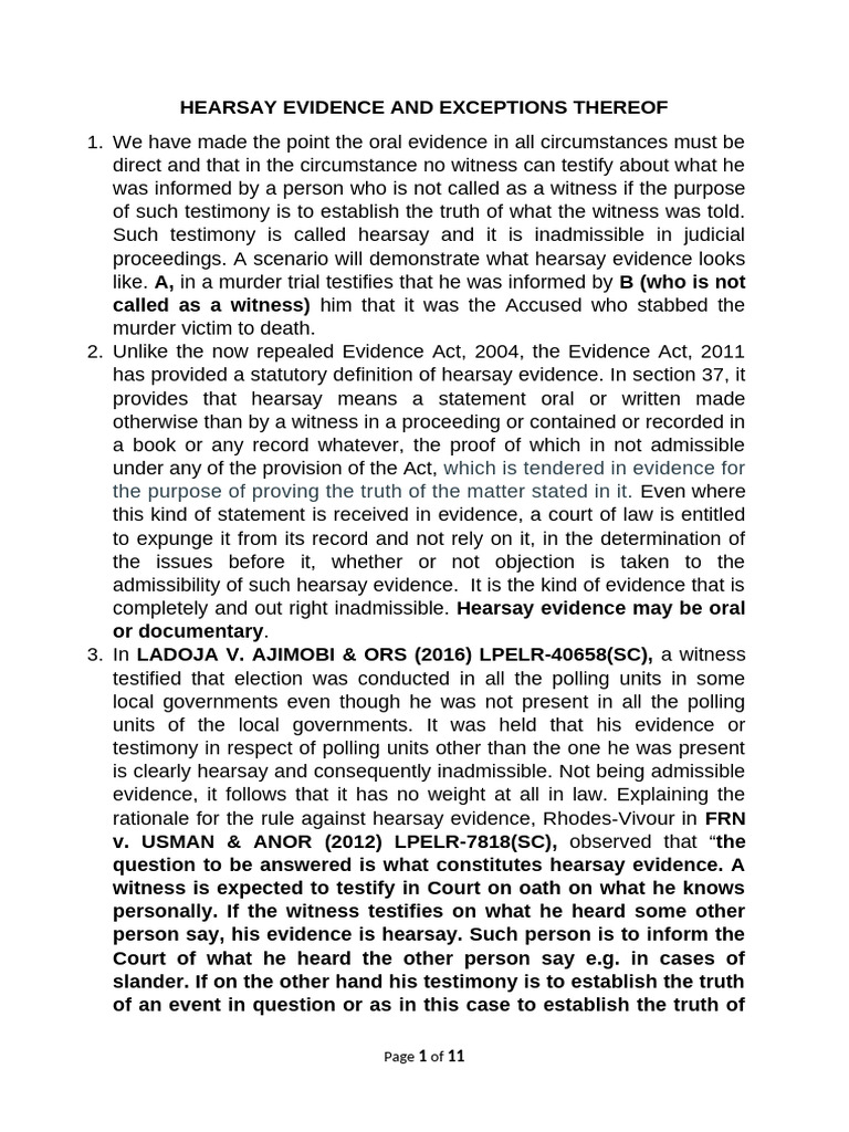 Hearsay Evidence and Exceptions (Final Version) - 1 | PDF | Hearsay ...