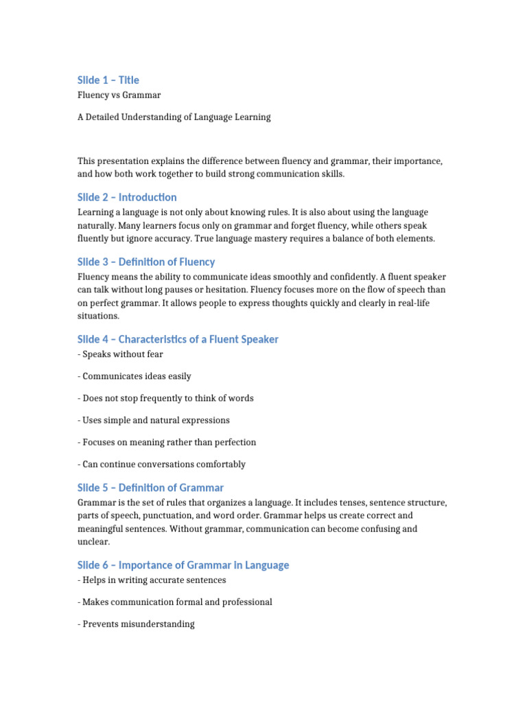Fluency Vs Grammar Detailed 11 Slides | PDF | Fluency | Learning