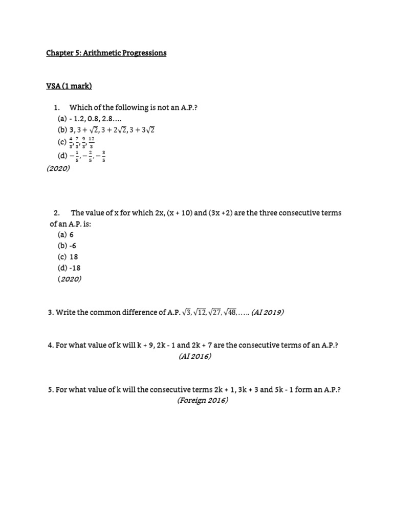 Chapter 5 - Arithmetic Progression PYQ No Gap | PDF | Theft | Numbers