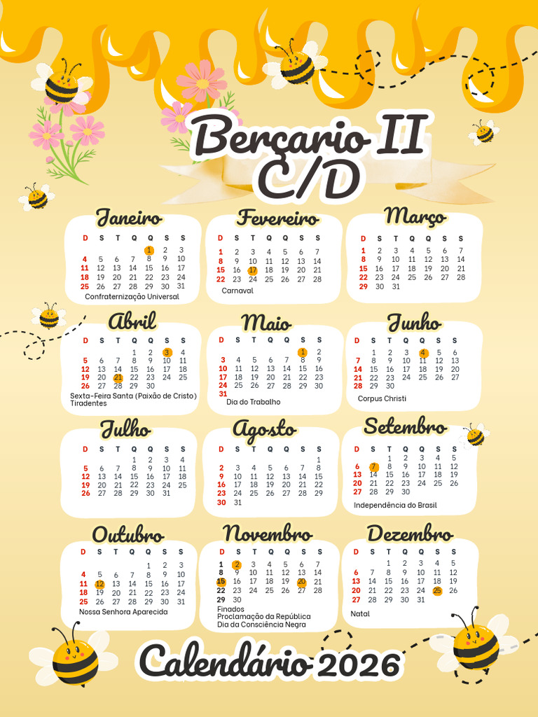 Amarelo Lúdico Calendário 2026 A4 | PDF