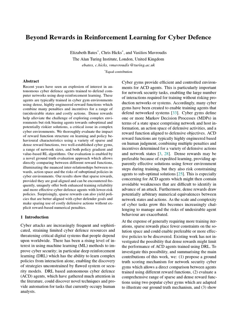 Beyond Rewards in Reinforcement Learning For Cyber Defence: Ebates, C ...