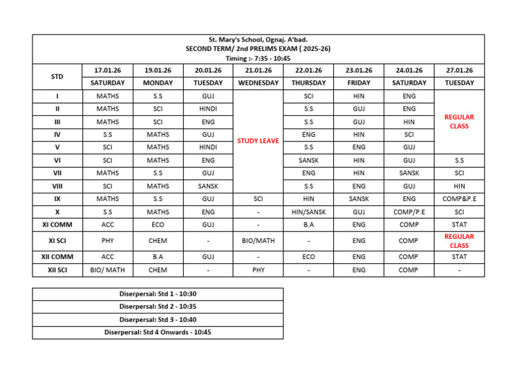 TERM 2 Time Table 2025-26 | PDF