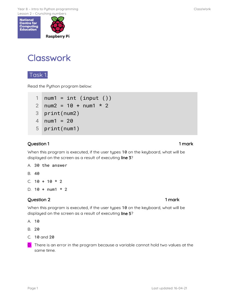 Worksheet 1intro To Python Programming - Y8 | PDF