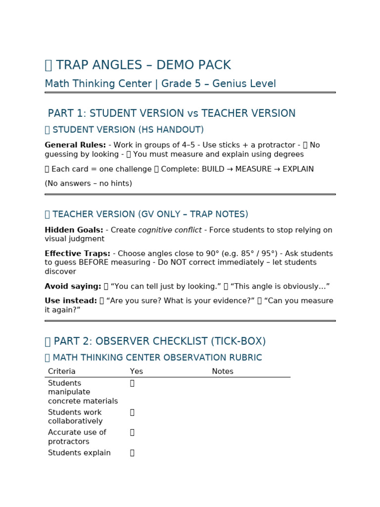 Trap Angles – Math Center Demo Pack (Grade 5 Genius) | PDF | Angle ...