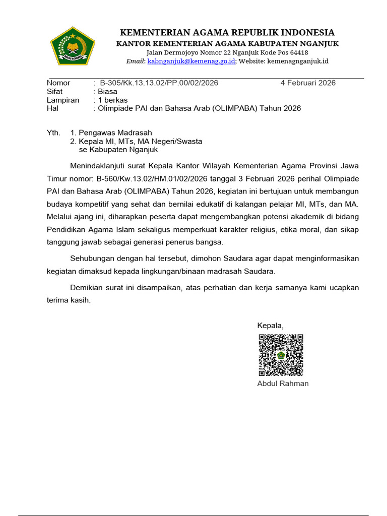 (Jenjang MI MTs MA) Olimpiade PAI Dan Bahasa Arab (OLIMPABA) Tahun 2026 ...