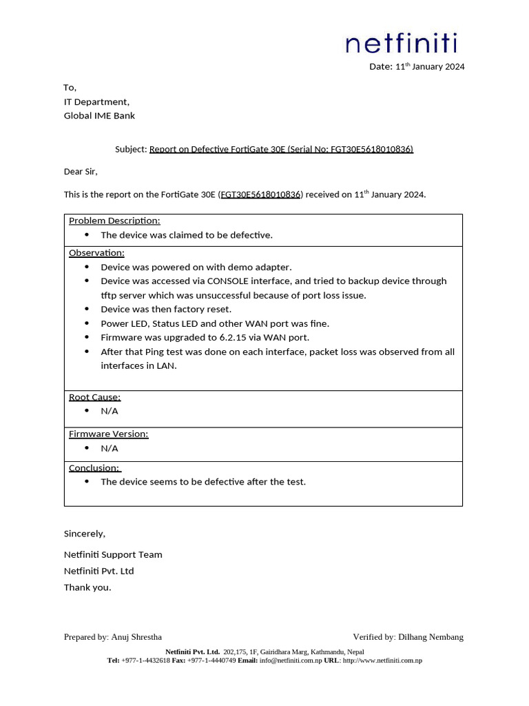 Defective Device Report - FortiGate 30E - GIBL | PDF