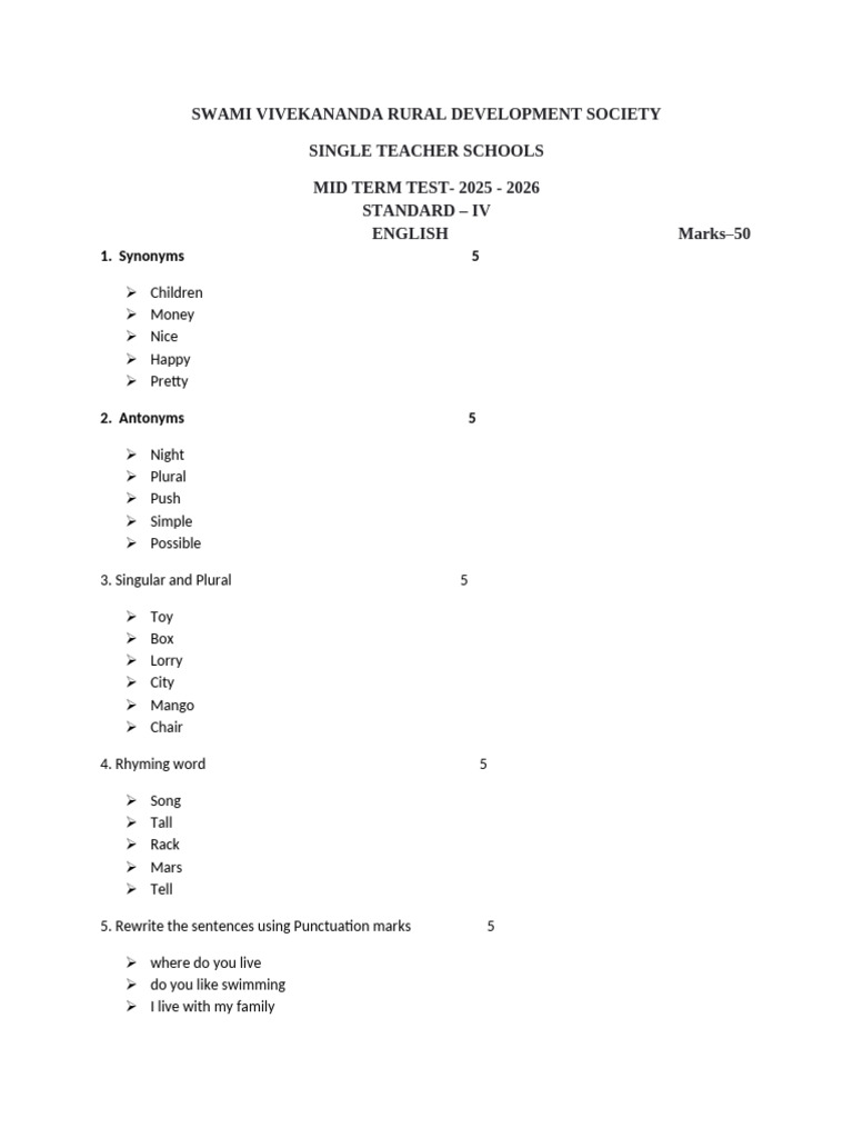IV STD Question Paper | PDF