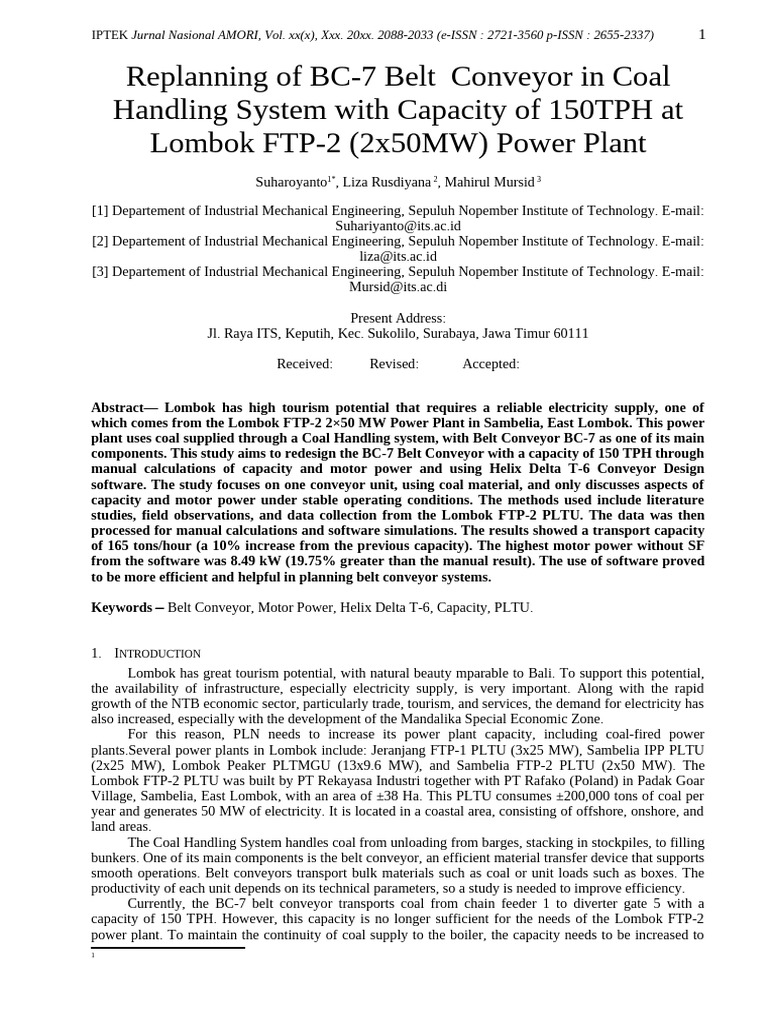 Replanning of BC-7 Belt Conveyor in Coal Handling System With Capacity ...