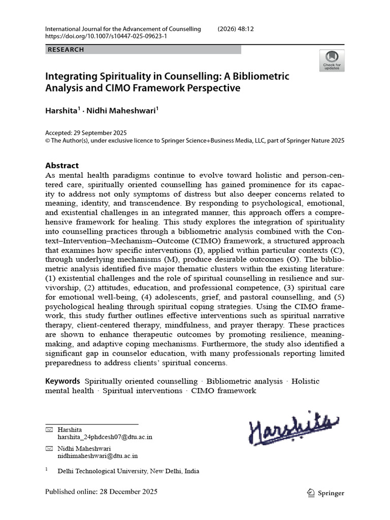 Integrating Spirituality in Counselling: A Bibliometric Analysis and ...