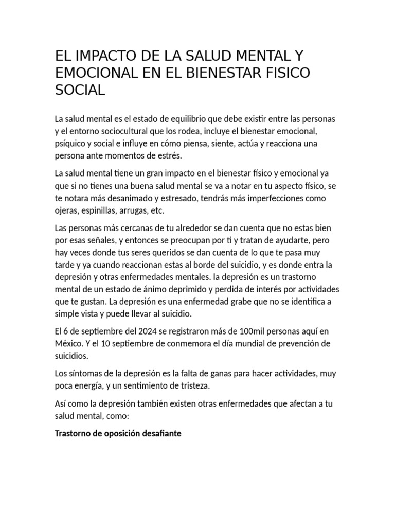 El Impacto de La Salud Mental y Emocional en El Bienestar Fisico Social ...