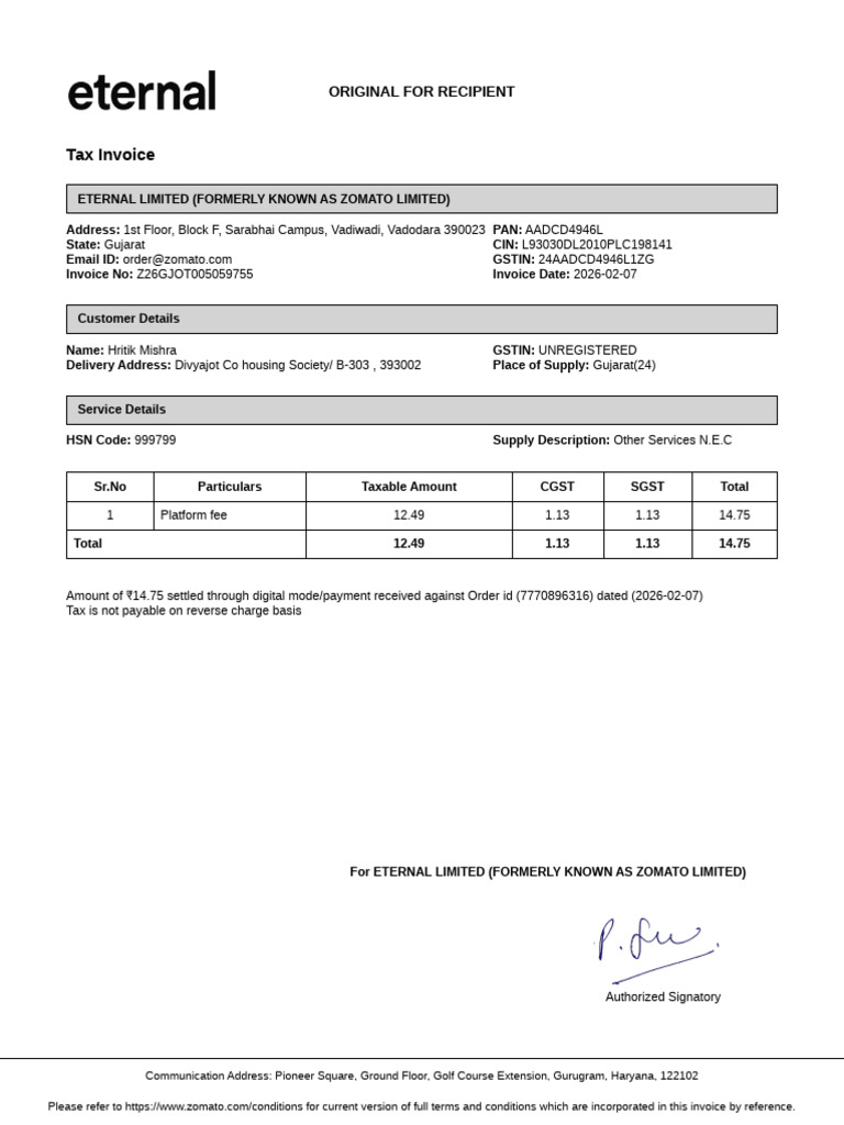 User Charge Invoice7770896316 | PDF