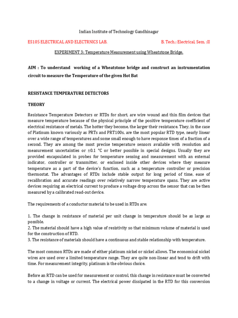Exp 3 Temperature Measurement Using Wheatstone Bridge | PDF ...