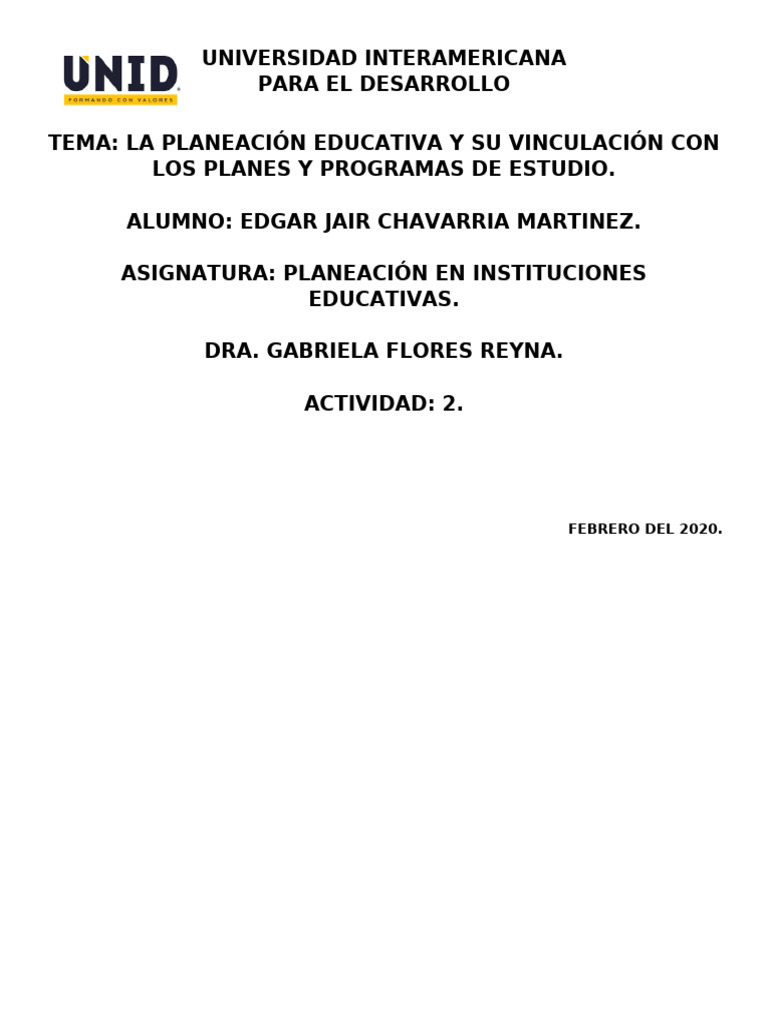 La Planificación Educativa y Su Vinculación Con El Plan y Programa de ...