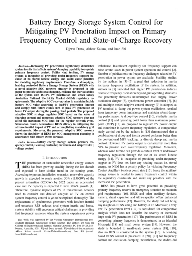 BESS Control For Mitigation PV Penetration Impact On | PDF | Electrical ...