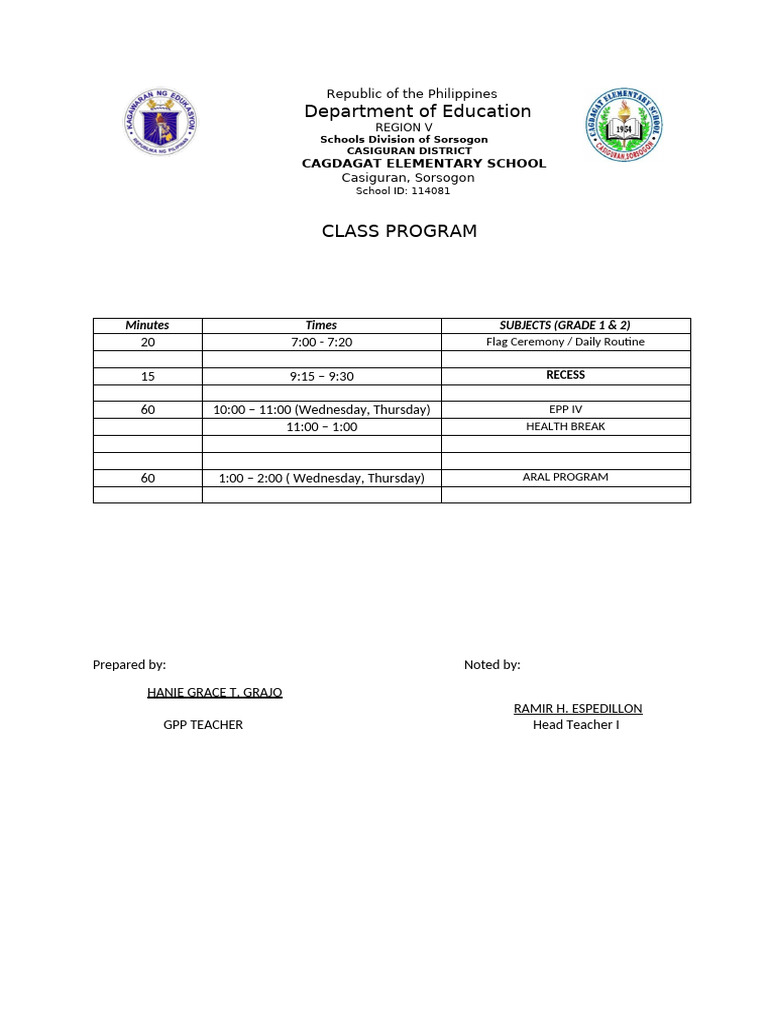 Class Program Maam Hanie | PDF