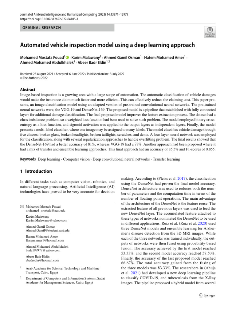 Automated Vehicle Inspection Model Using A Deep Learning Approach | PDF ...