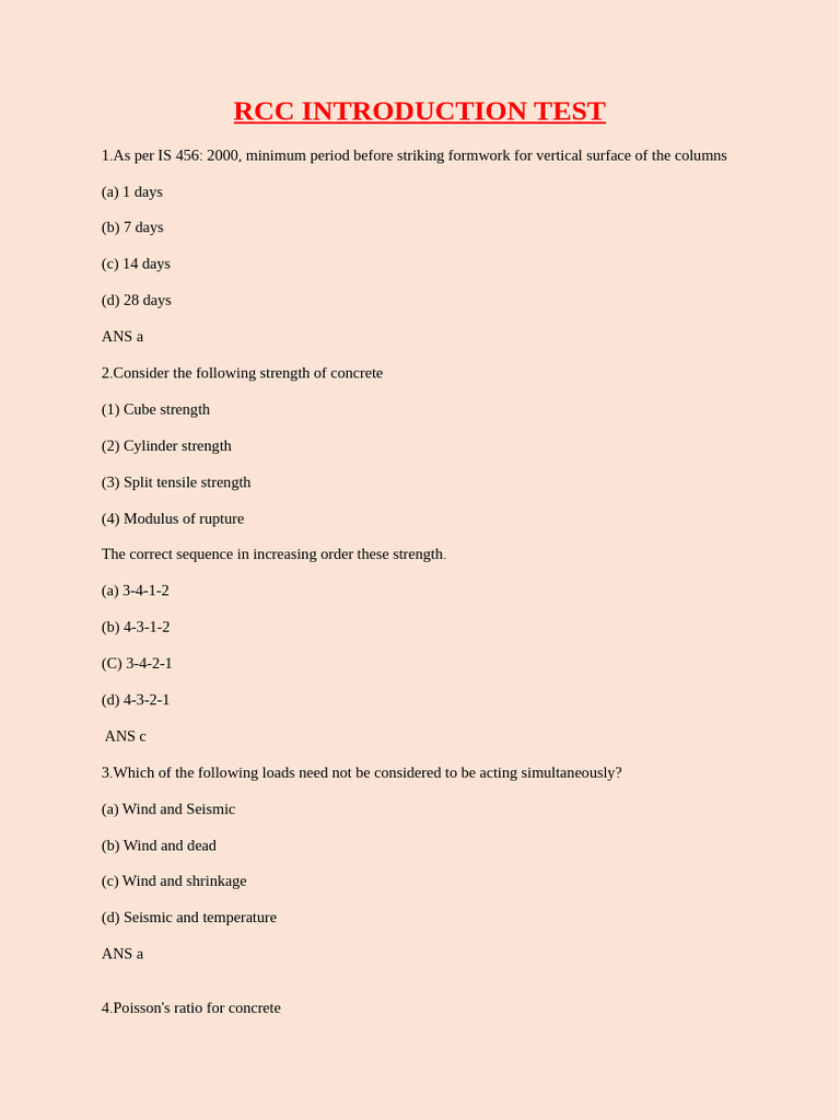 RCC Intro Exam | PDF | Concrete | Strength Of Materials