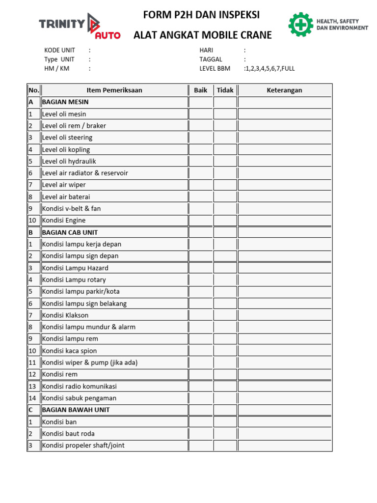 Form Ceklis P2H Inspkesi MobilE Crane. | PDF