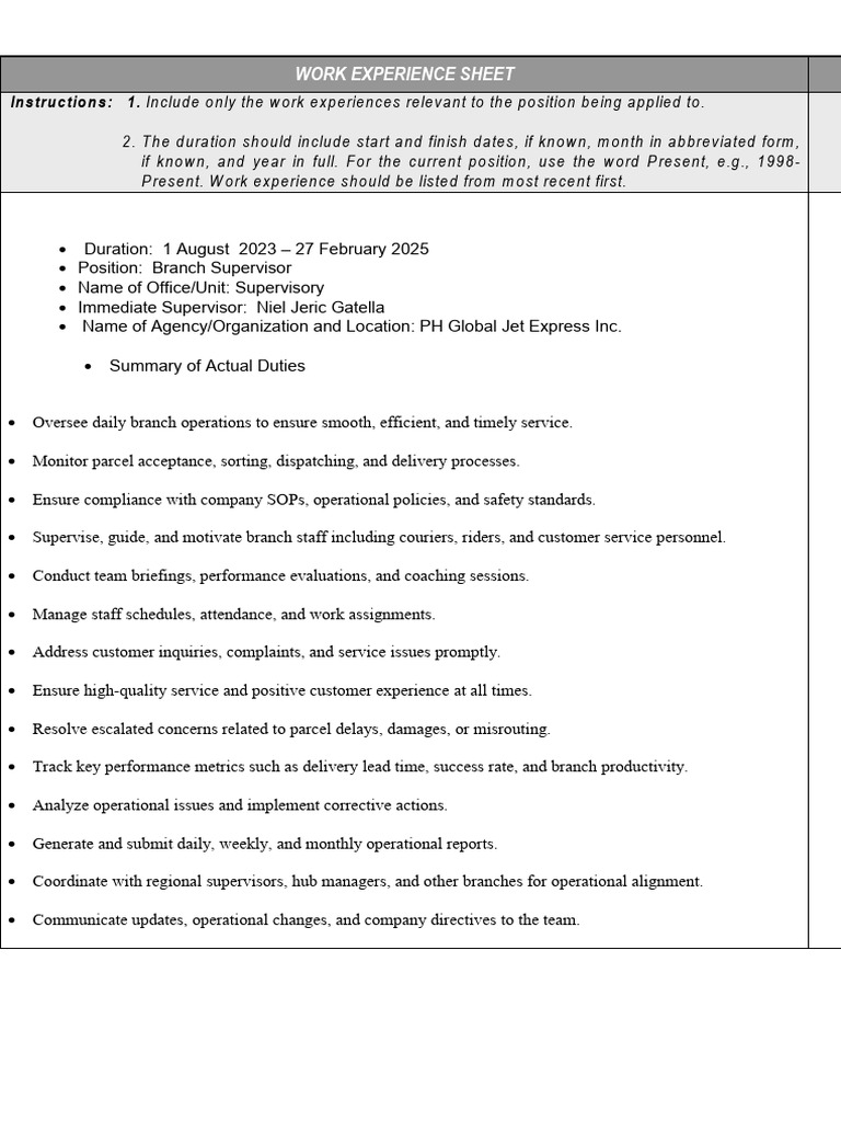 ANNEX H-2 - CS Form No. 212 Attachment - Work Experience Sheet - JPD ...