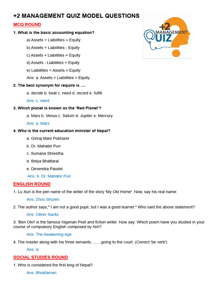 +2 Management Quiz Model Questions | PDF
