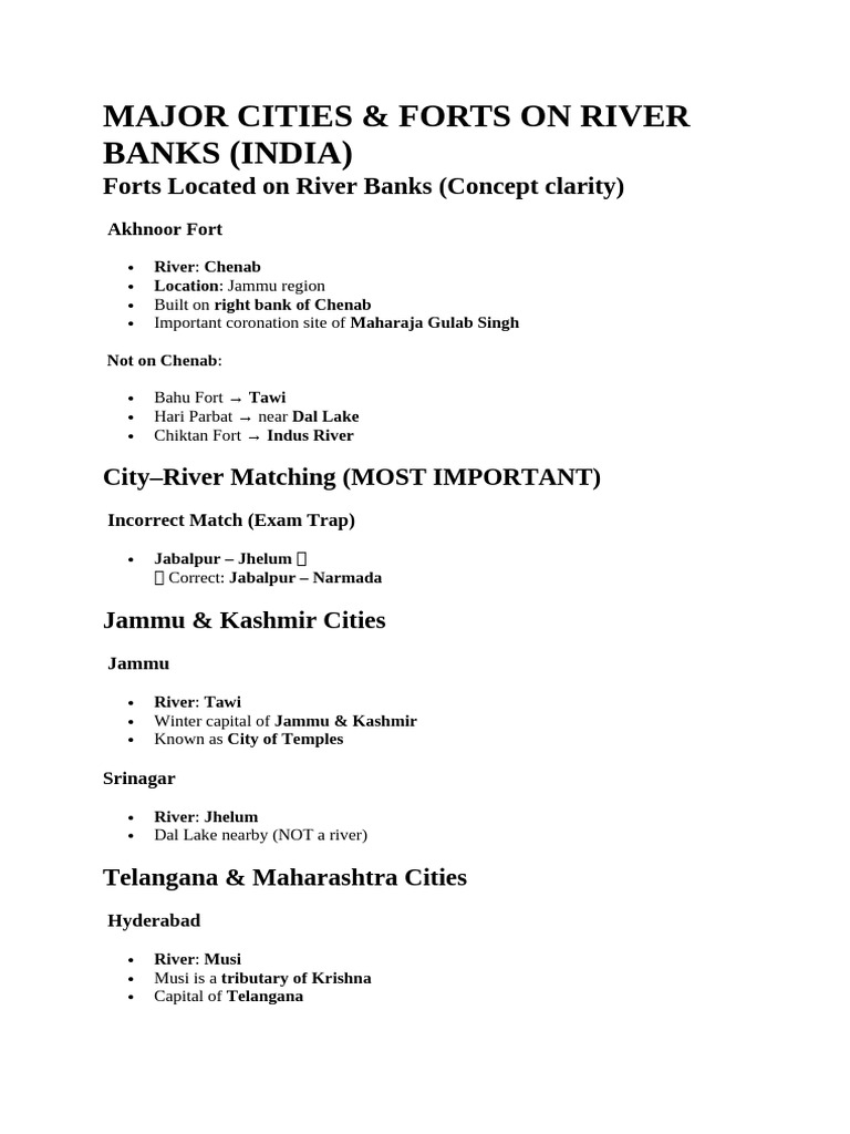 Major Cities & Forts On River Banks (India) | PDF | Languages Of India ...