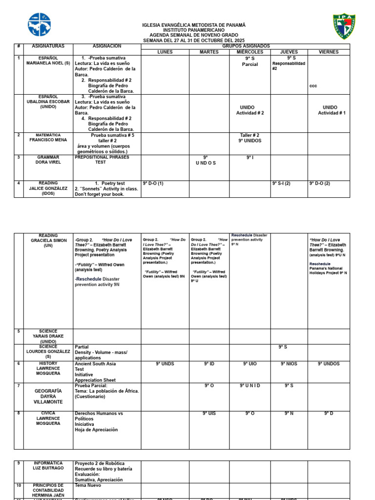 9deg Agenda Semanal Del 27 Al 31 de Octubre Del 2025 Docx Documentos de ...